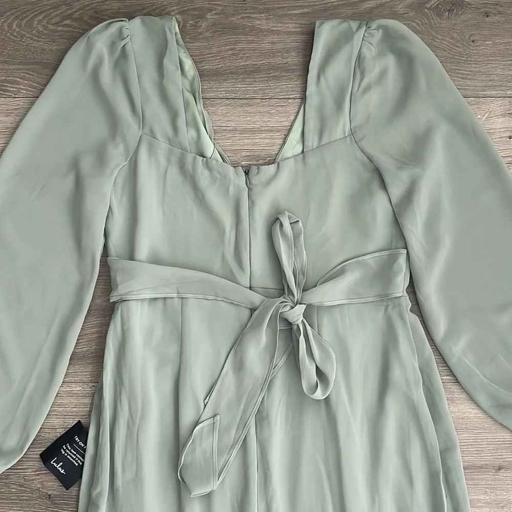 Lulus Tier Elegance Tiered Maxi Dress Large Sage Green Chiffon Long Sleeve *FLAW - Picture 9 of 12